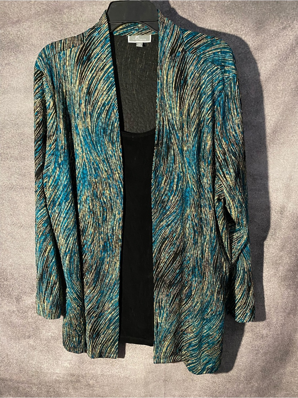 JM Collection Teal, Black & Gold Open-Front Cardigan